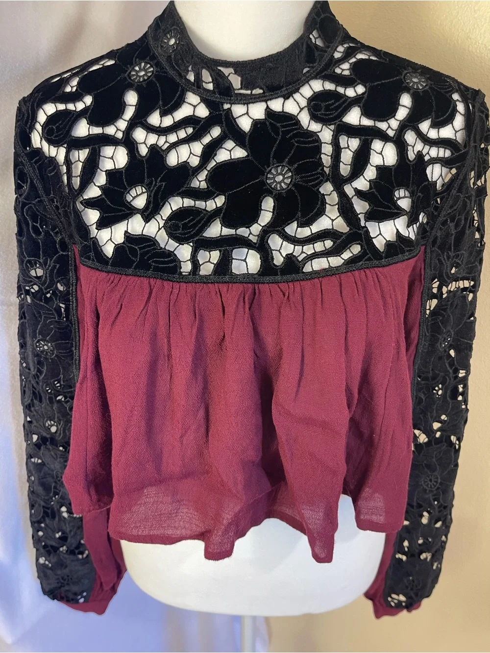 Free People Burgundy Black Velvet Lace Boho Crop Top XS Sz 2 Whimsigoth Romantic